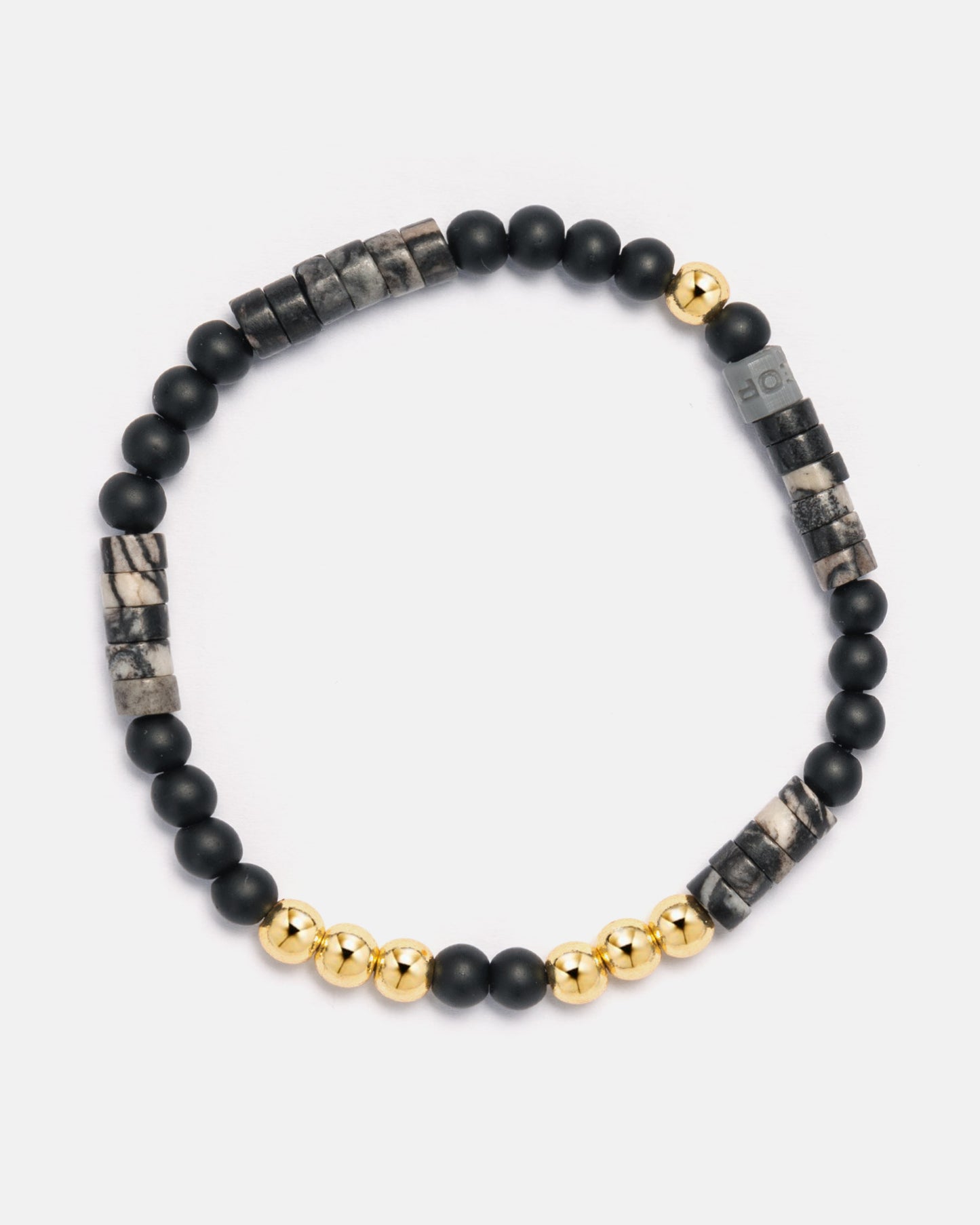 Beaded Bracelet with Black Seed Beads, Marble Discs and 18kt Gold Beads