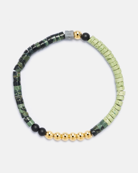 Beaded Bracelet with Black Beads, Green, Mint Marble Discs and 18kt Gold Beads