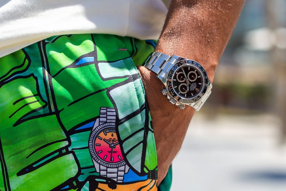 Palm o’Clock Swim Shorts worn with a steel chronograph